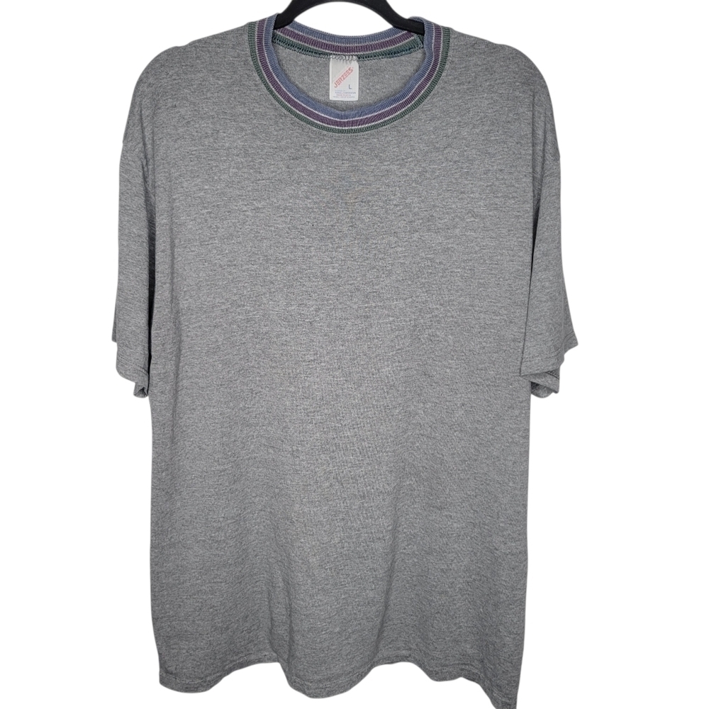 Vintage 90s Jerzees Gray Heavyweight Striped Collar Made in USA T-Shirt Large